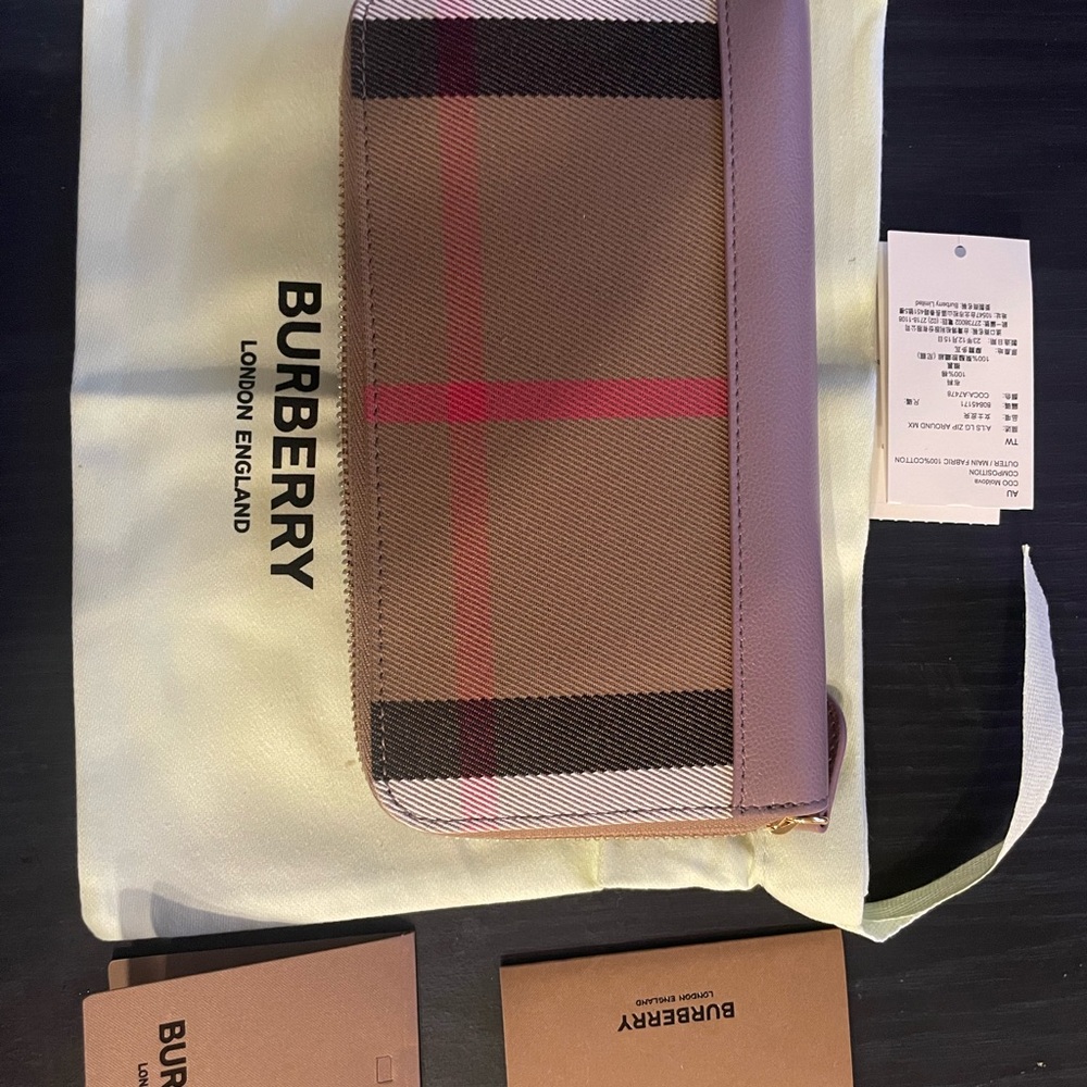 Burberry Check Large Zip Around Wallet - Grey Mink - MSRP $630 - Brand New